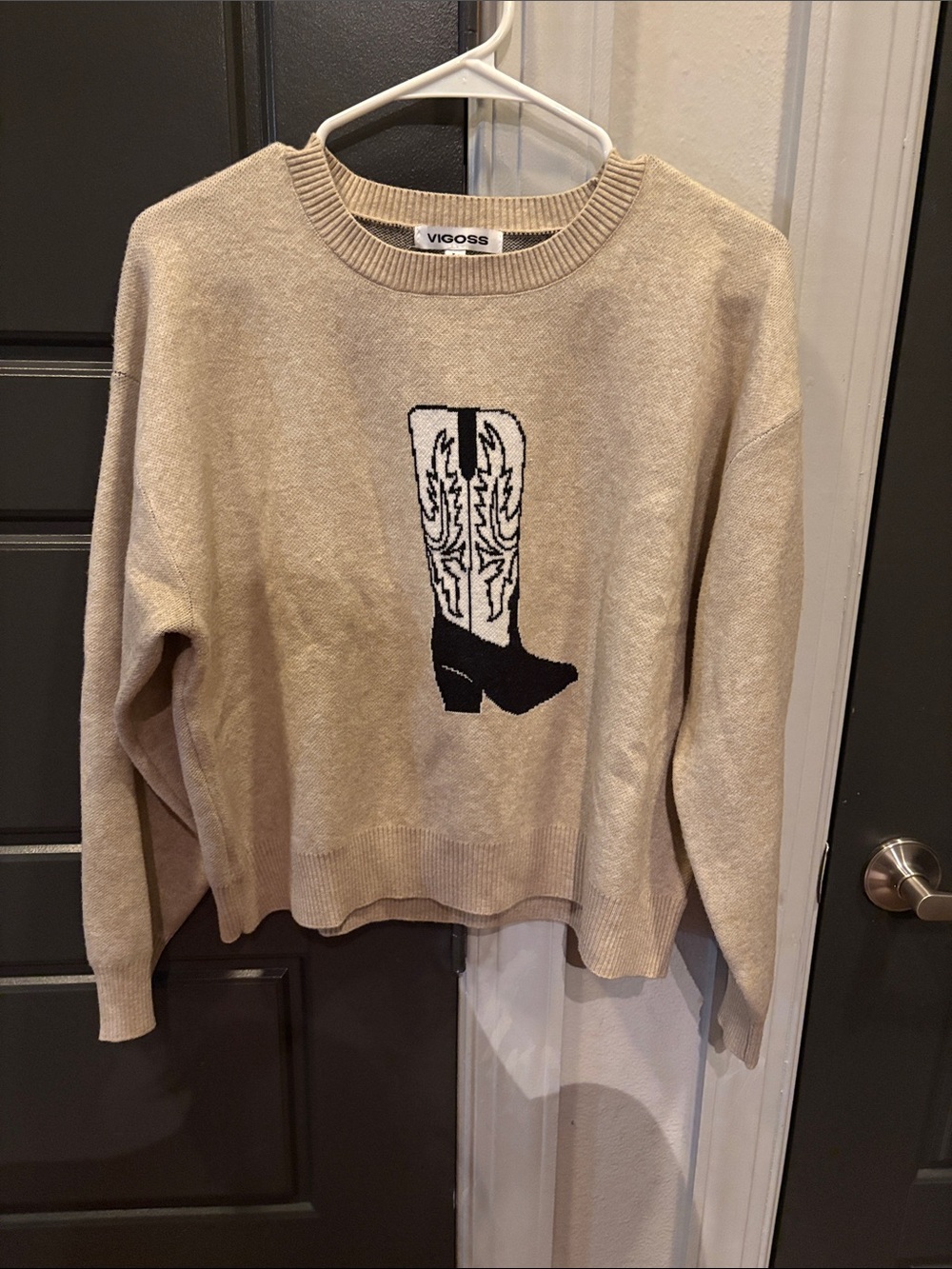 Vigoss Cream Crewneck Sweater with Black & White Cowboy Boot Motif